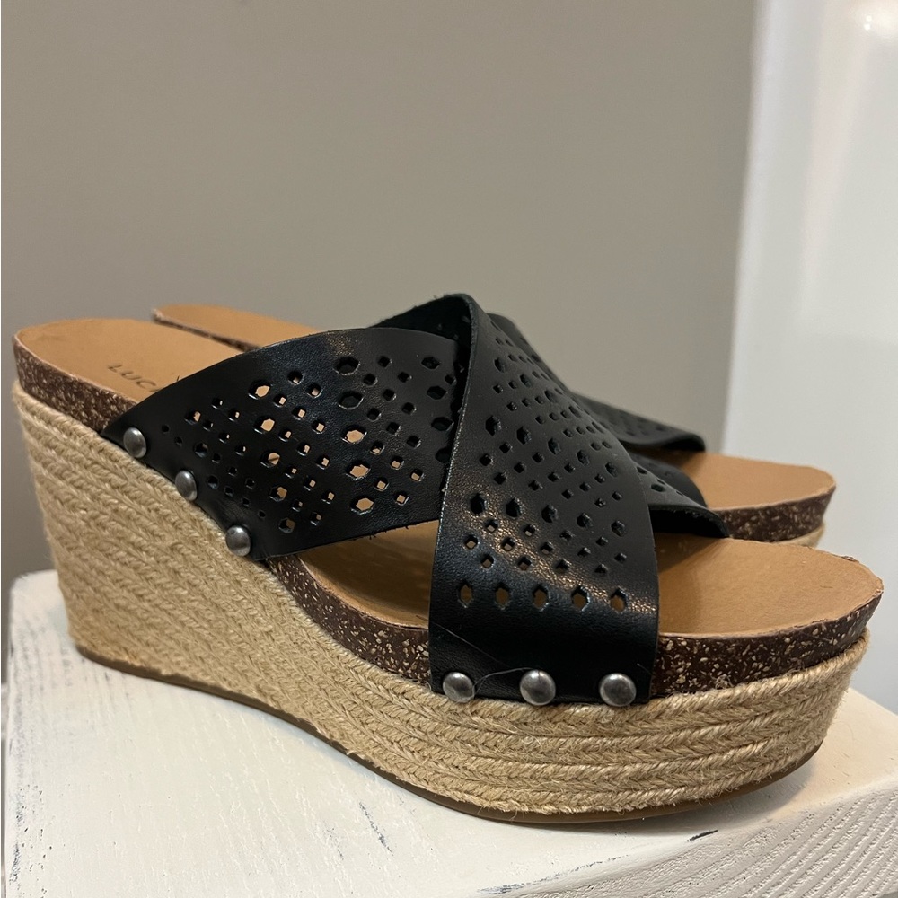 Lucky Brand Espadrille Wedge Size 7.5 Black Leather